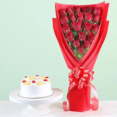 21 red roses bouquet pineapple cake combo