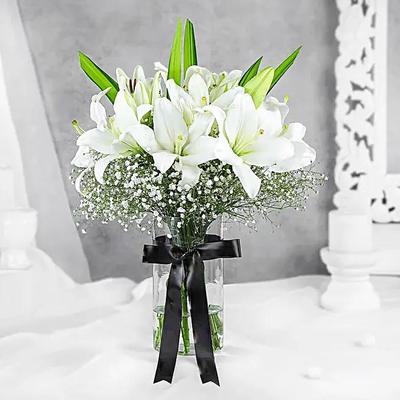 Blooming Asiatic Lilies In Black Ribbon Tied Vase