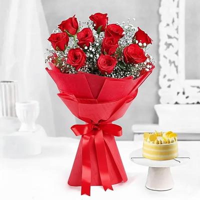 Butterscotch Bento Cake N Crimson Rose Bouquet