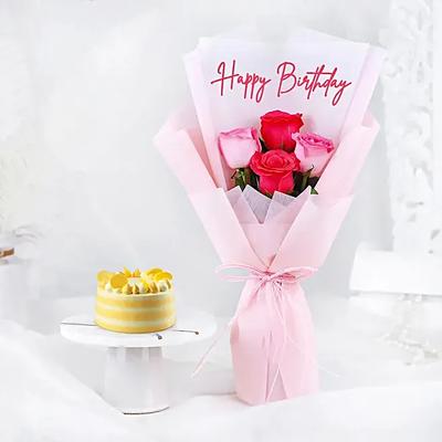 Butterscotch Bento Cake N Pink Rose Bouquet