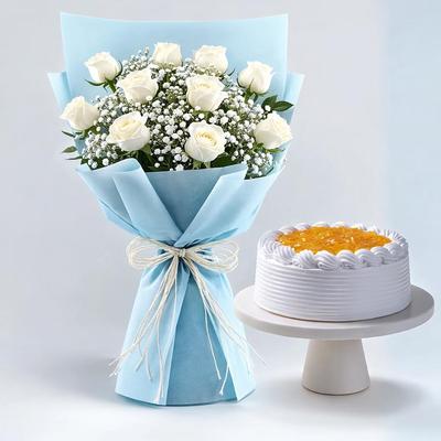 Coastal Inspired Roses Bouquet Pineapple Cake