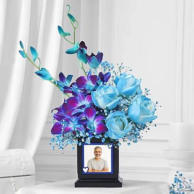 Fathers Day Blue Orchid N White Rose Desk Arrangement