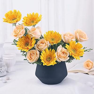 Metallic Marvel of Roses and Gerberas