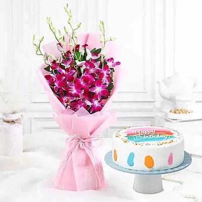 Pineapple Cake N Purple Orchid Bouquet