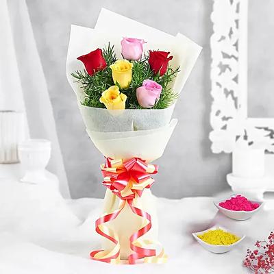 Pink Roses Bouquet With Gulal