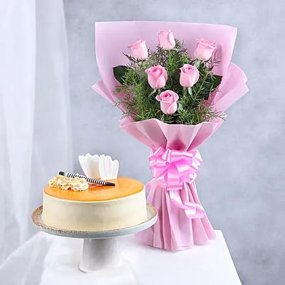Pretty In Pink Rose Bouquet N Cake Combo