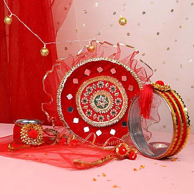 Red Karwa Chauth Pooja Thali Set
