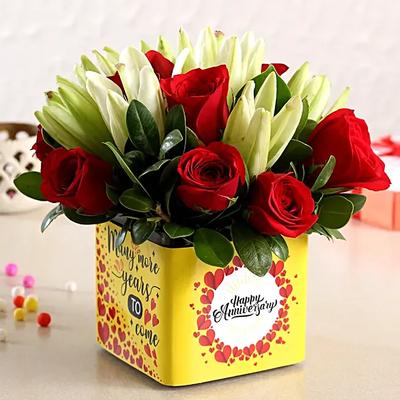 Red Roses and White Lilies In Yellow Anniversary Vase
